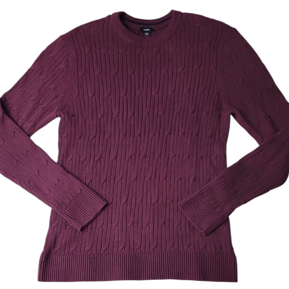 NWT Express 100% Cotton Crew Neck Cable Knit Sweater LG Merlot/plum Fall Winter